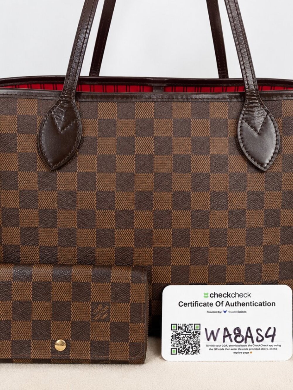 LV Neverfull PM Damier Ebene Tote + Wallet Bundle w/ COA